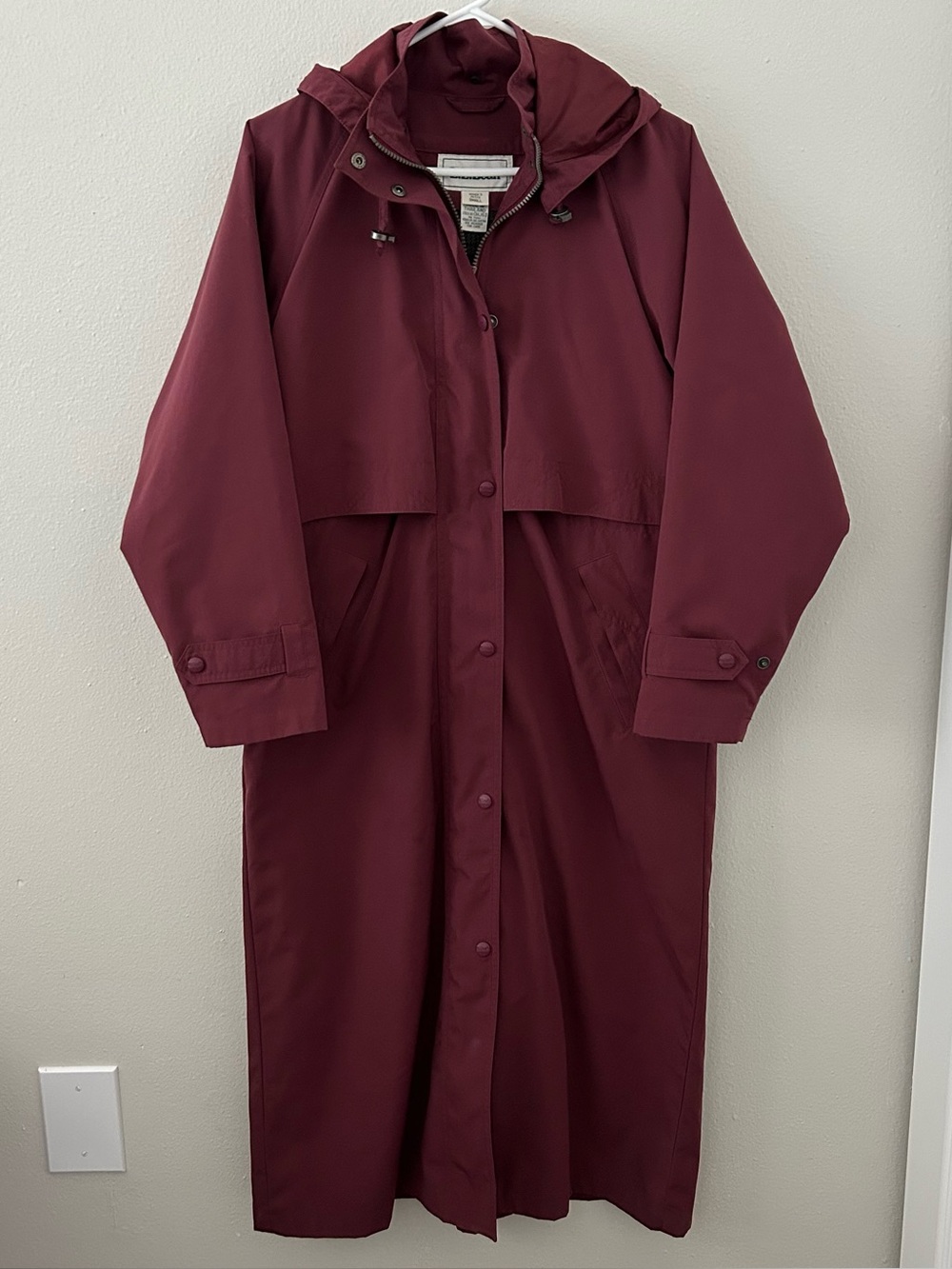 VTG L.L. Bean Maroon Long Trench Rain Coat Womens PS Removable Wool Liner & Hood